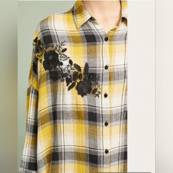 Anthropologie Maeve Embroidered Plaid Buttondown Oversized Tunic Shirt Size XS/S - Picture 4 of 13